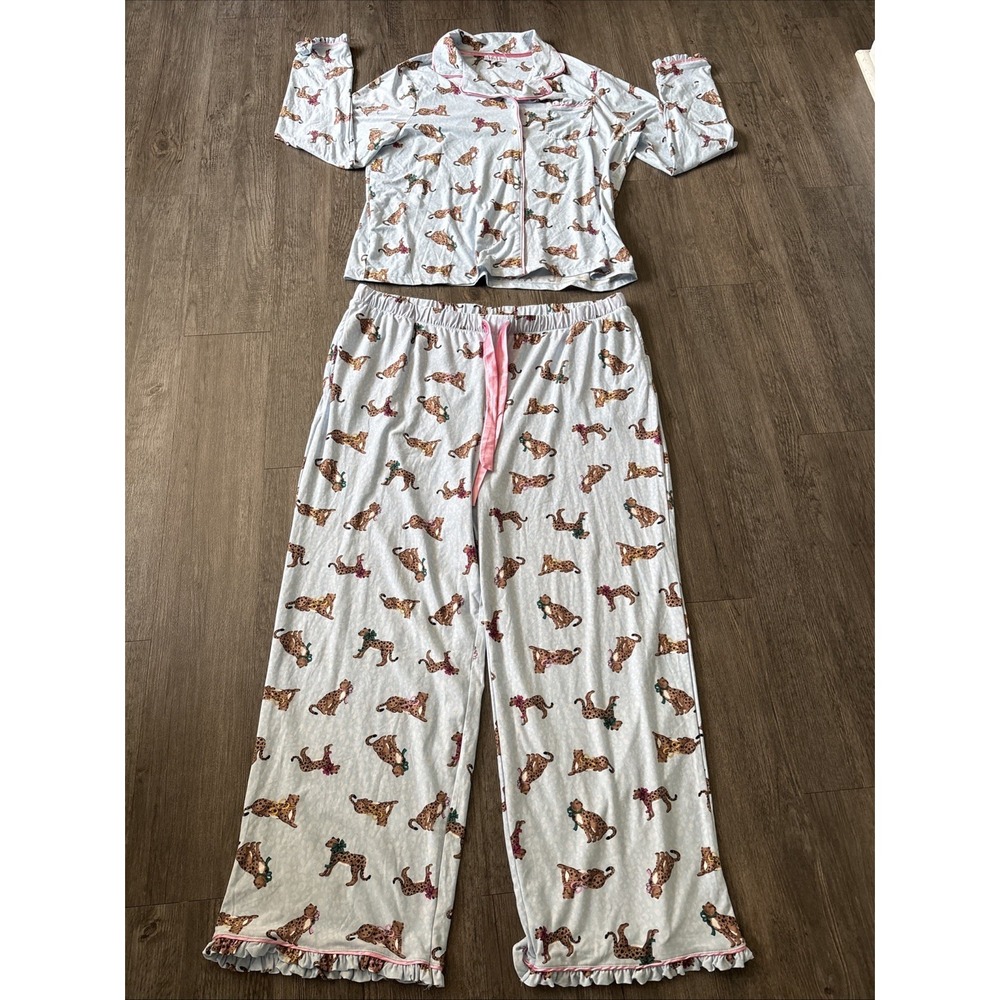 Crown & Ivy Women's Set Pajama Blue XXL Cheetahs And Cheetah Print